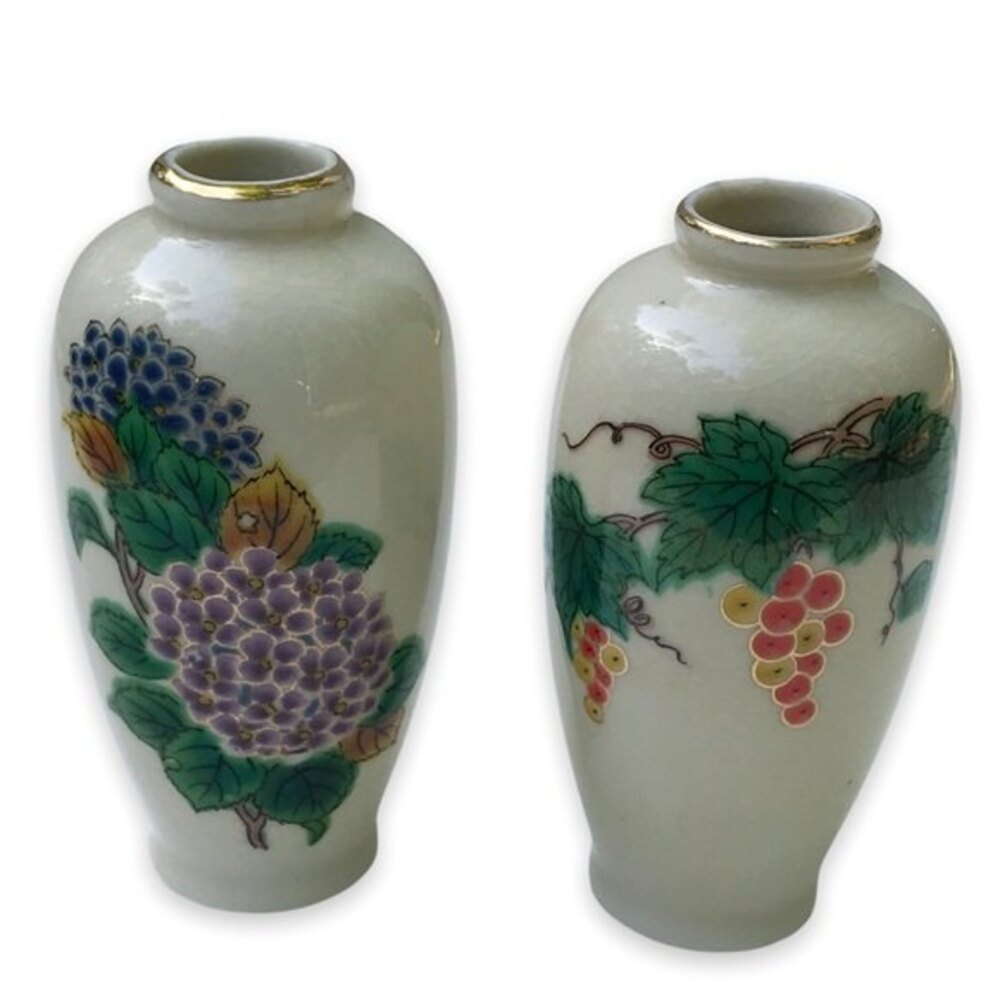 Vintage Homco Japan Mini Flower Vases Pair of 2 Grapevine and Floral Designs